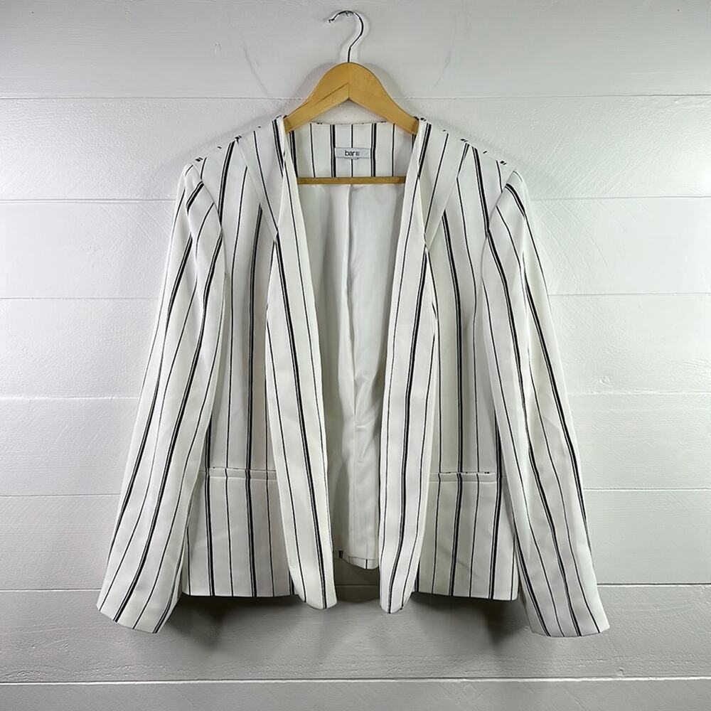 BAR III White Black Striped Collarless Open Front‎ Blazer Suit Jacket Size XL